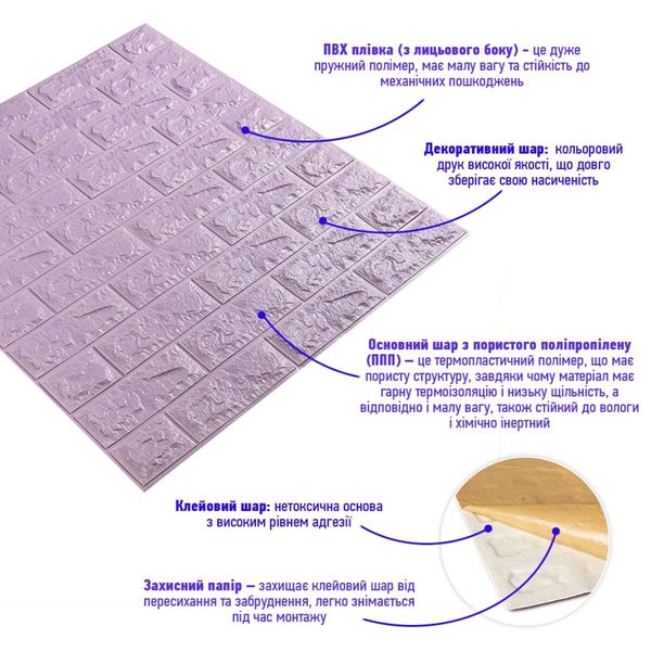 3D панель самоклеющаяся кирпич Светло-фиолетовый 700x770x7мм (015-7) PanelHome-00000058 991922146 фото