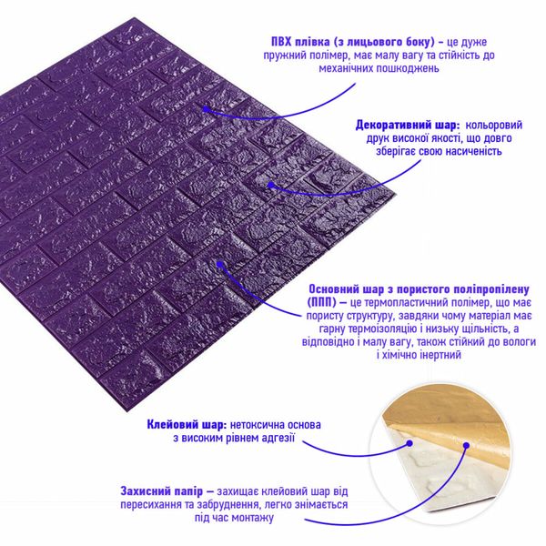 3D панель самоклеющаяся кирпич Фиолетовый 700x770x7мм (016-7) PanelHome-00000062 991929599 фото