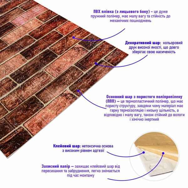 Самоклеющаяся 3D панель под коричневый кирпич екатеринослав 19600х700х3мм PanelHome-00001469 991943545 фото