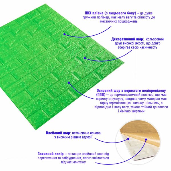 3D панель самоклеющаяся кирпич Зеленый 700x770x5мм (013-5) PanelHome-00000149 1239541955 фото