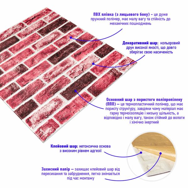 Самоклеящаяся 3D панель кирпич клинкер насыщенно красный 700х700х5мм (416) PanelHome-00001182 991943379 фото