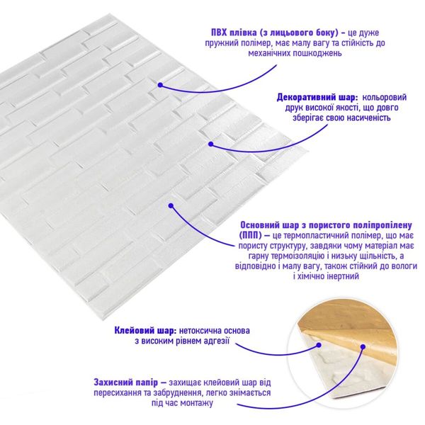 3D панель самоклеющаяся кладка белая 770х700х5 мм (031) PanelHome-00000167 1294042884 фото