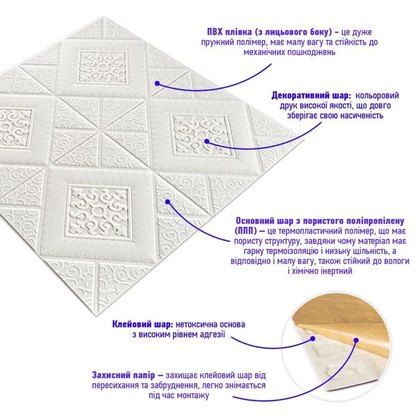 Самоклеющаяся декоративная потолочно-стеновая 3D панель вензеля в ромбе 700x700х5мм (374) PanelHome-00000881 991942923 фото