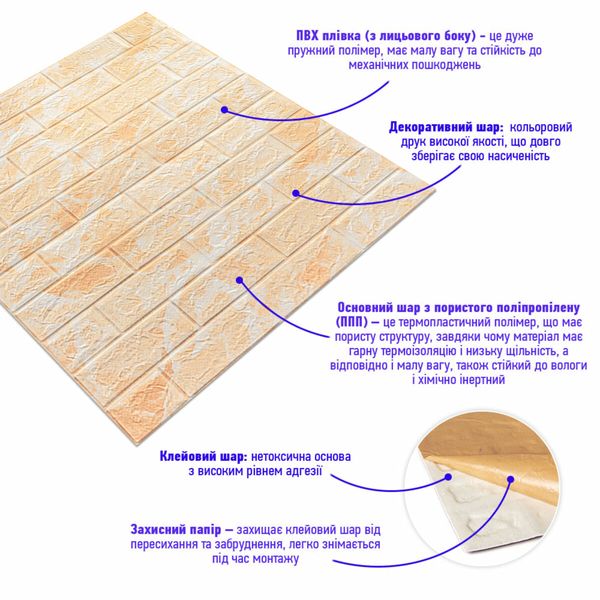 Декоративна 3D панель самоклейка під цеглу Бежевий мармур 700х770х5мм (062) PanelHome-00000032 1071683199 фото