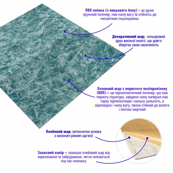 Декоративная 3D панель самоклейка Морская мраморная плитка 700x700x4мм (362) PanelHome-00000530 991942821 фото