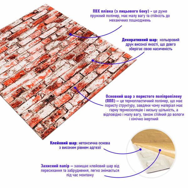 Декоративная 3D панель самоклейка под кирпич Красно-Белая 700х770х4мм (341) PanelHome-00000533 991942827 фото